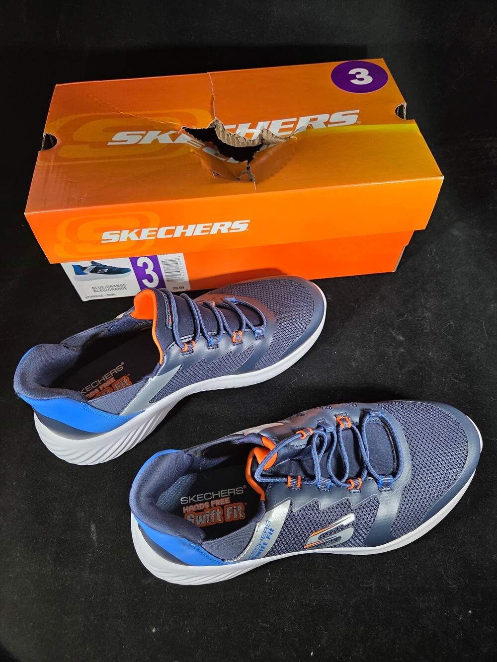 Skechers Hands Free Slip-ins Swift Fit Kids Sneakers, Navy & Orange, Size 3, New